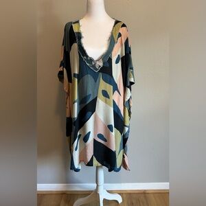 Serendipity Maui Monstera Abstract Kaftan Tunic 100% Rayon Brazil Artsy Vibes